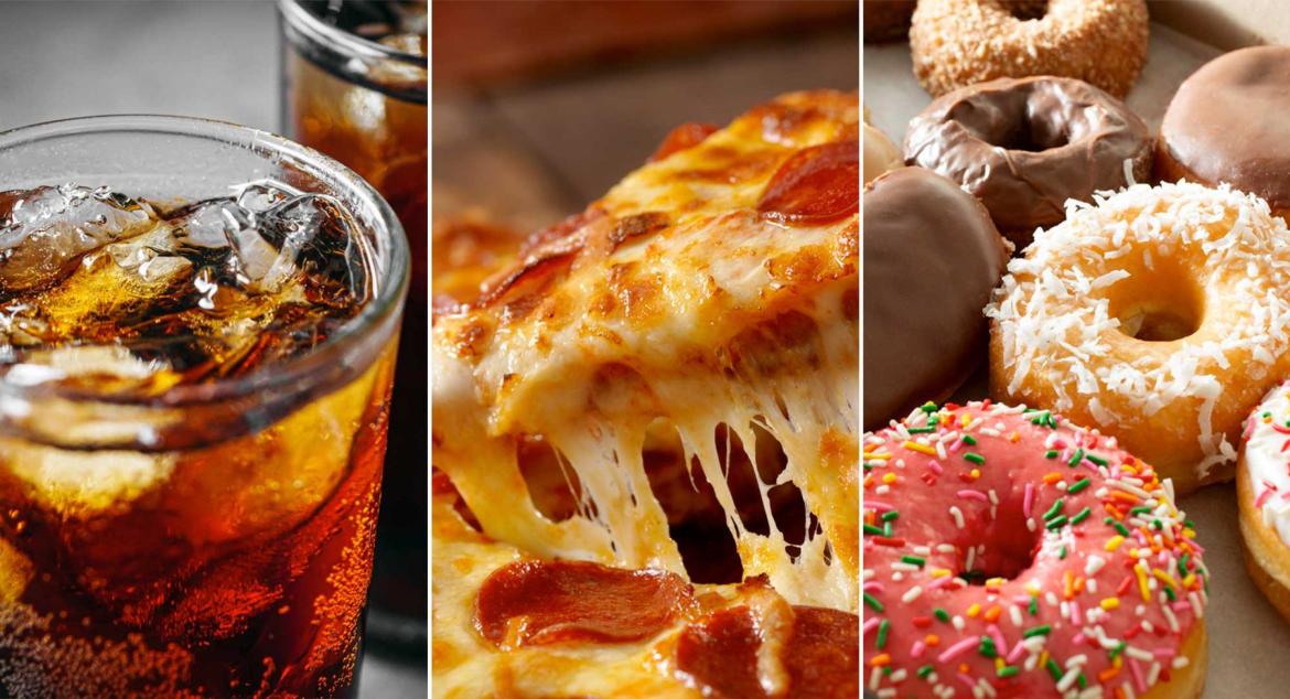 Soda, pizza, and doughnuts