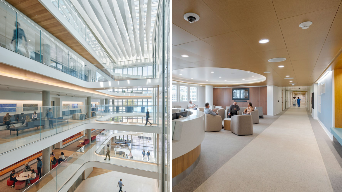 Pritzker Building interior on left, Langley Porter Hospital interior on right