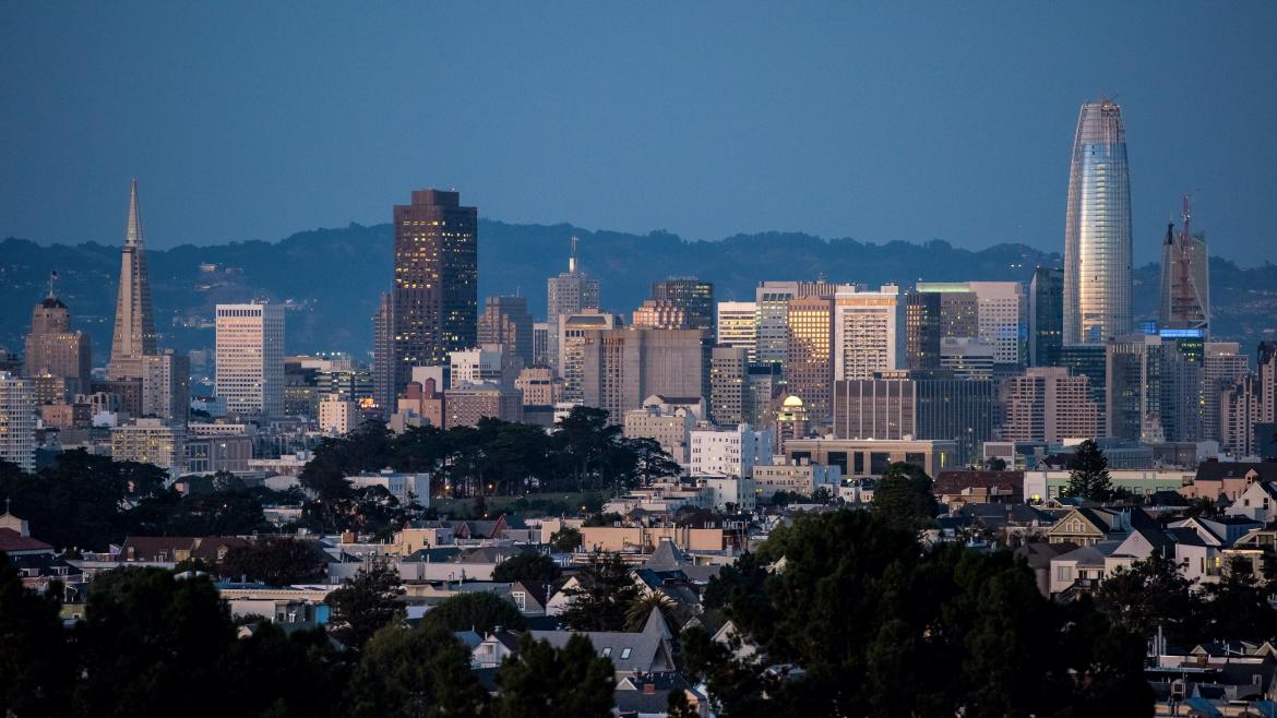 Downtown San Francisco skyline at dusk, facing north