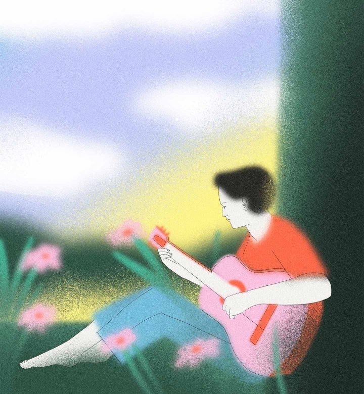 illustration of a person playing a guitar under a tree