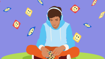 Illustration of a seated teenager listening to headphones