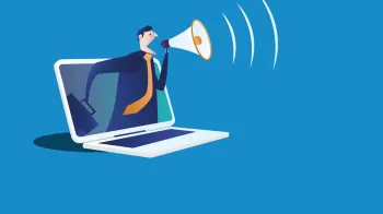 illustration of a man with a megaphone abstractly coming out of laptop