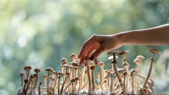 photo of a hand picking psychedelic mushrooms