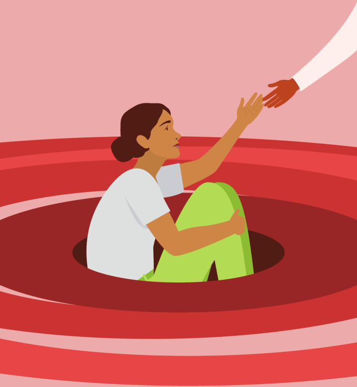 Illustration of women sitting and reaching up to helping hand