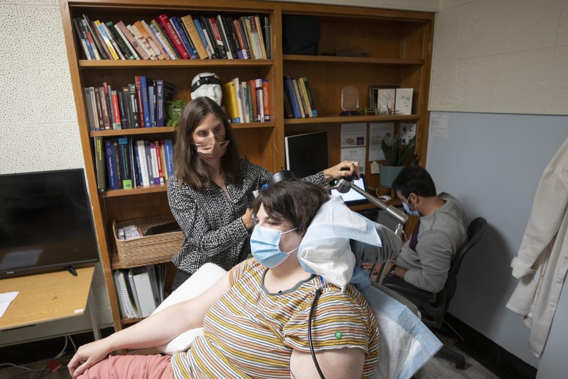 Sarah, clinical trial participant, at an appointment with Katherine Scangos, MD, PhD, at UCSF’s Langley Porter Psychiatric Institute