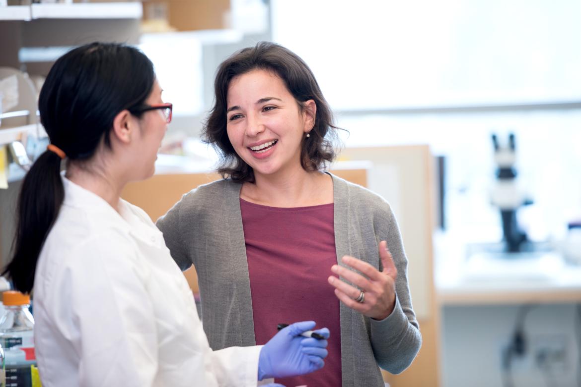 Two people talking in a laboratory