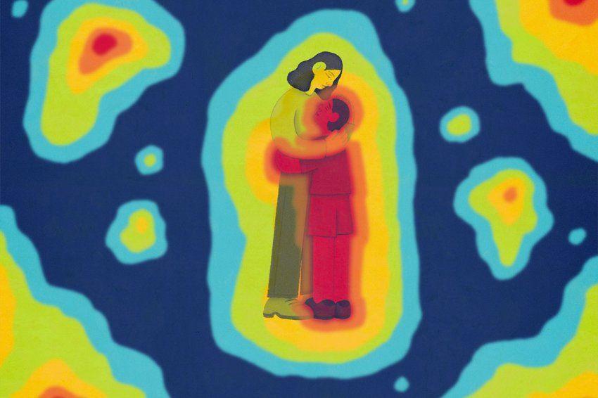 Illustration of mother and child embracing with climate style heat map