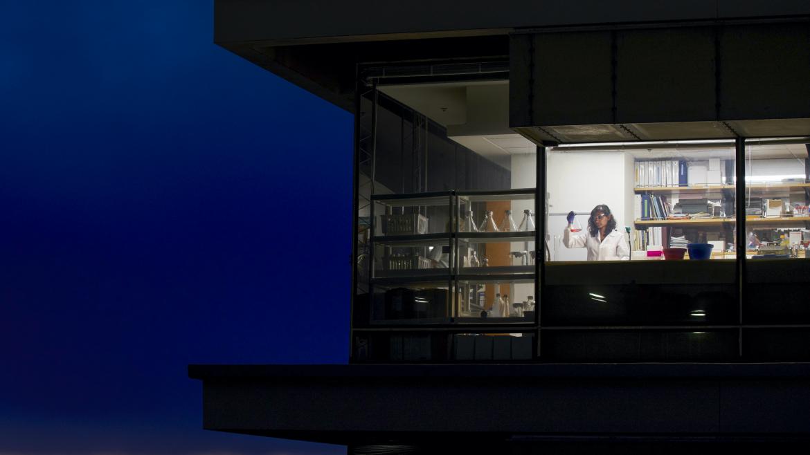 Person holding a beaker up in a laboratory as viewed through a window