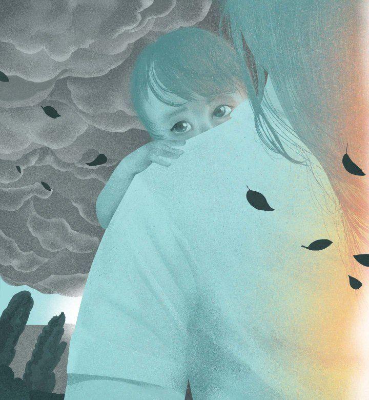 illustration of child and mother with grey sky background