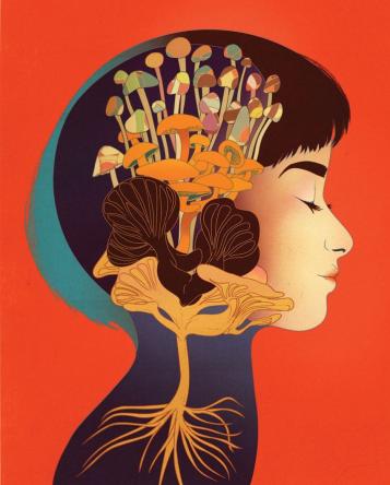 illustration of a women with mushrooms growing inside her head
