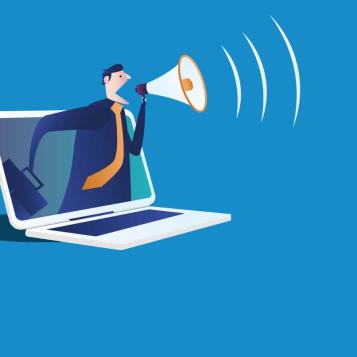 illustration of a man with a megaphone abstractly coming out of laptop
