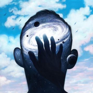 Illustration of hand touching a galaxy overlaid on a blank face